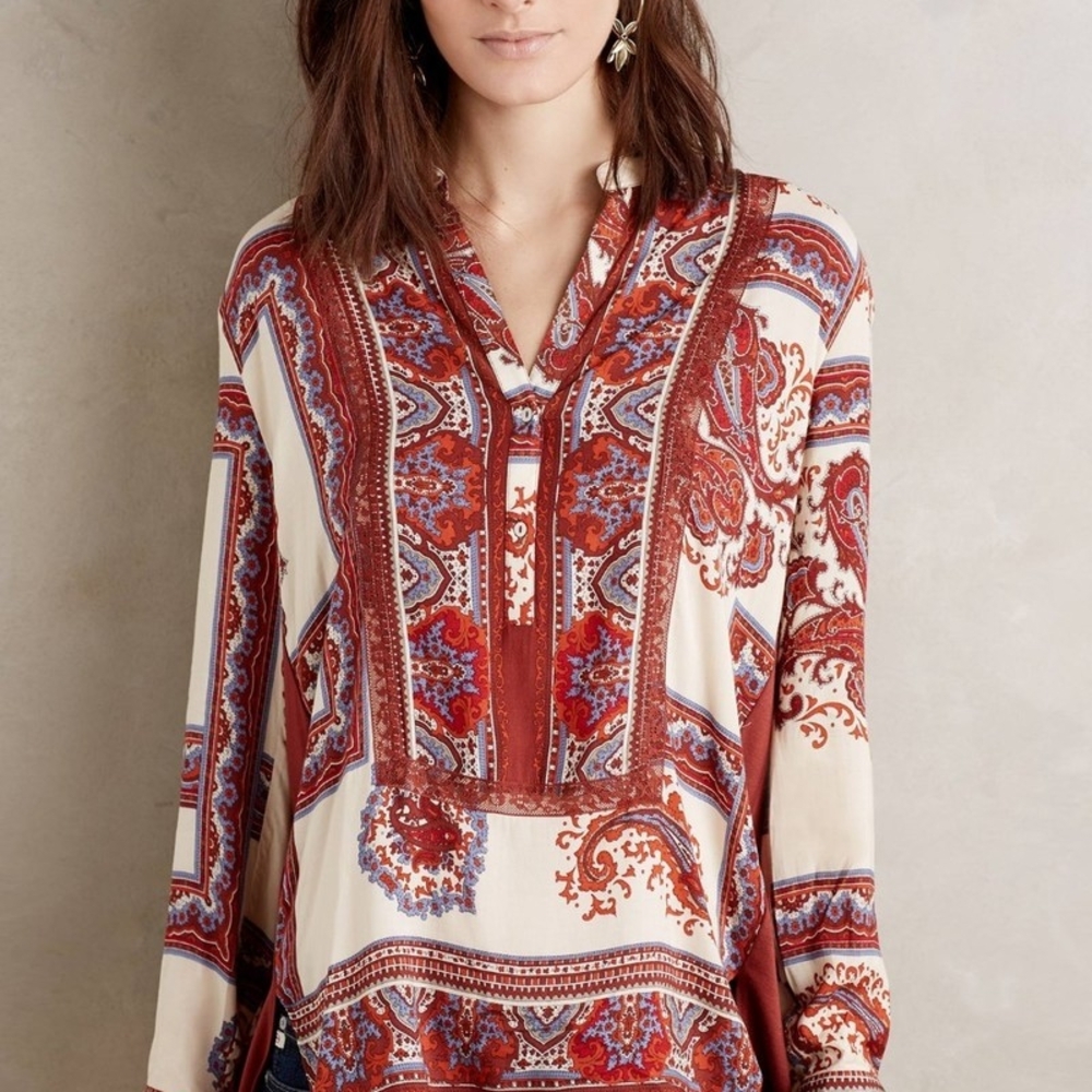 Anthropologie Red and Cream Boho Blouse